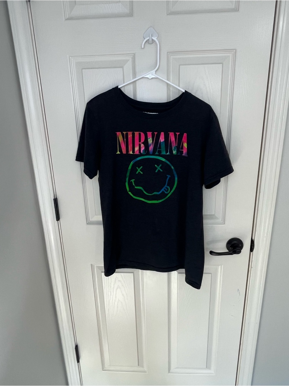 NIRVANA Black Tee with Neon Rainbow Logo and Green Smiley